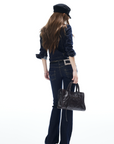 IAMXIAA Denim Jacket and Flared Jeans Set for Women Retro Dark Wash Two Piece Outfit