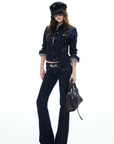 IAMXIAA Denim Jacket and Flared Jeans Set for Women Retro Dark Wash Two Piece Outfit