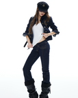IAMXIAA Denim Jacket and Flared Jeans Set for Women Retro Dark Wash Two Piece Outfit