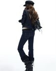 IAMXIAA Denim Jacket and Flared Jeans Set for Women Retro Dark Wash Two Piece Outfit