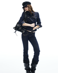 IAMXIAA Denim Jacket and Flared Jeans Set for Women Retro Dark Wash Two Piece Outfit
