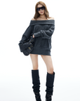 IAMXIAA Off-Shoulder Knit Sweater Charcoal Grey Pullover