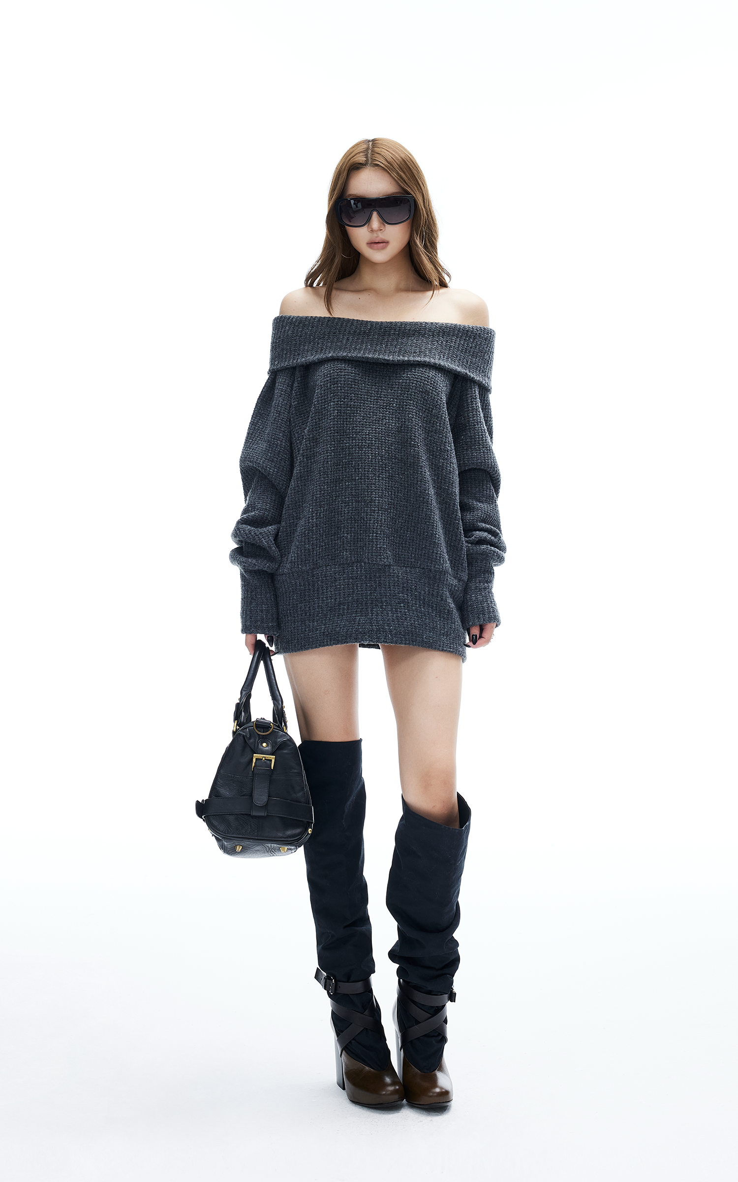 IAMXIAA Off-Shoulder Knit Sweater Charcoal Grey Pullover