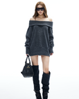 IAMXIAA Off-Shoulder Knit Sweater Charcoal Grey Pullover