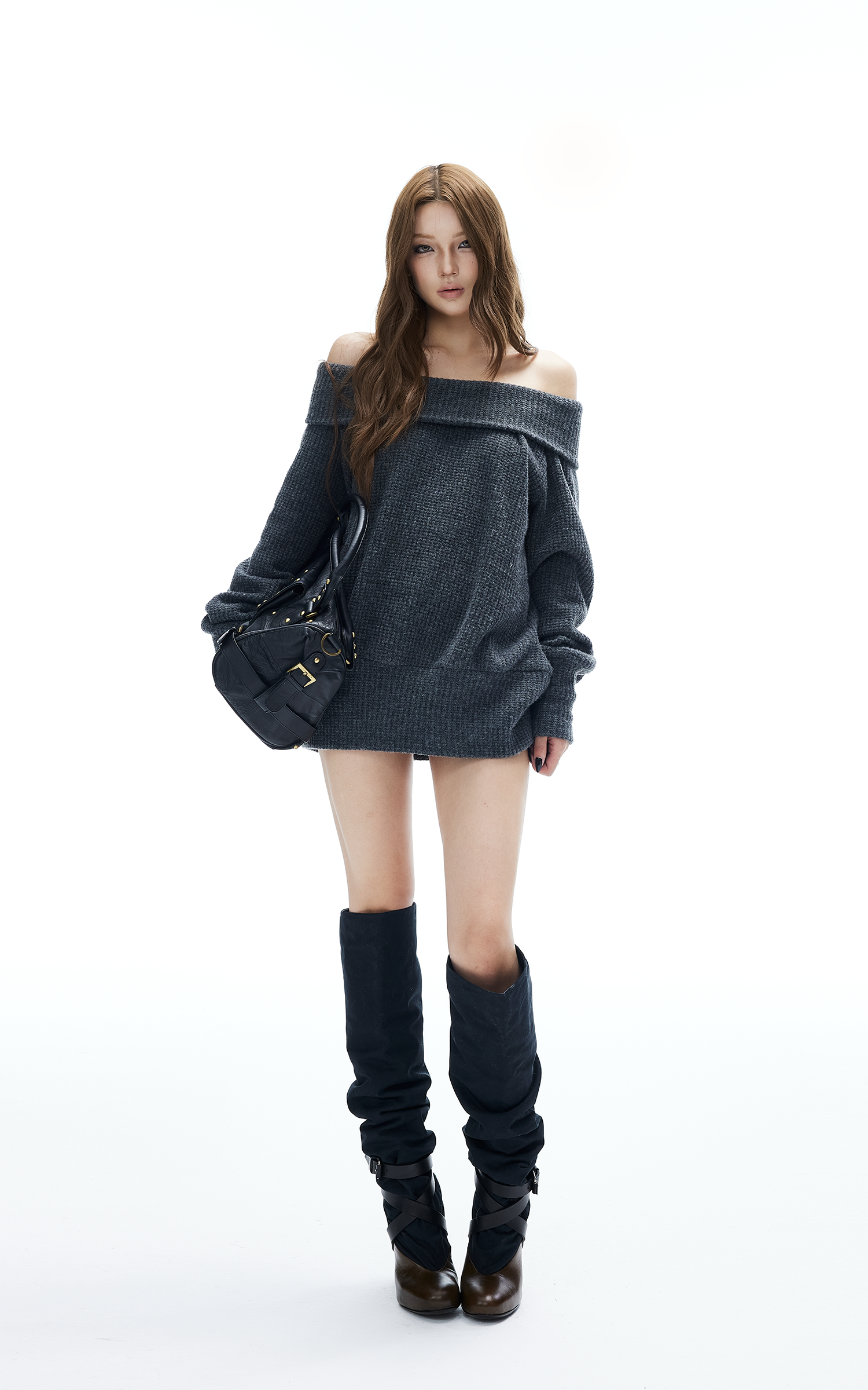 IAMXIAA Off-Shoulder Knit Sweater Charcoal Grey Pullover
