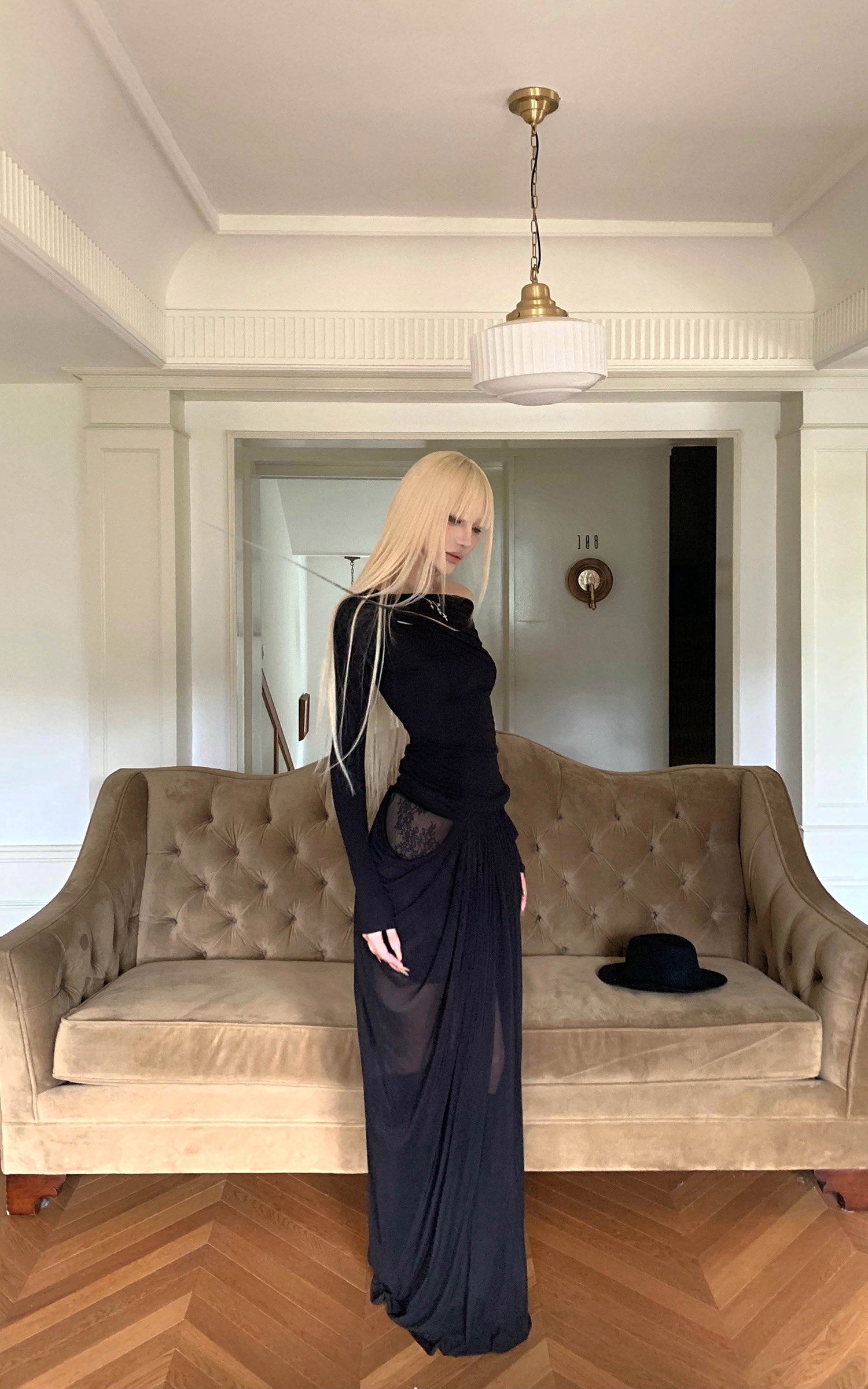 Rase le sol Draped Sheer Mesh Skirt with Lace Panels