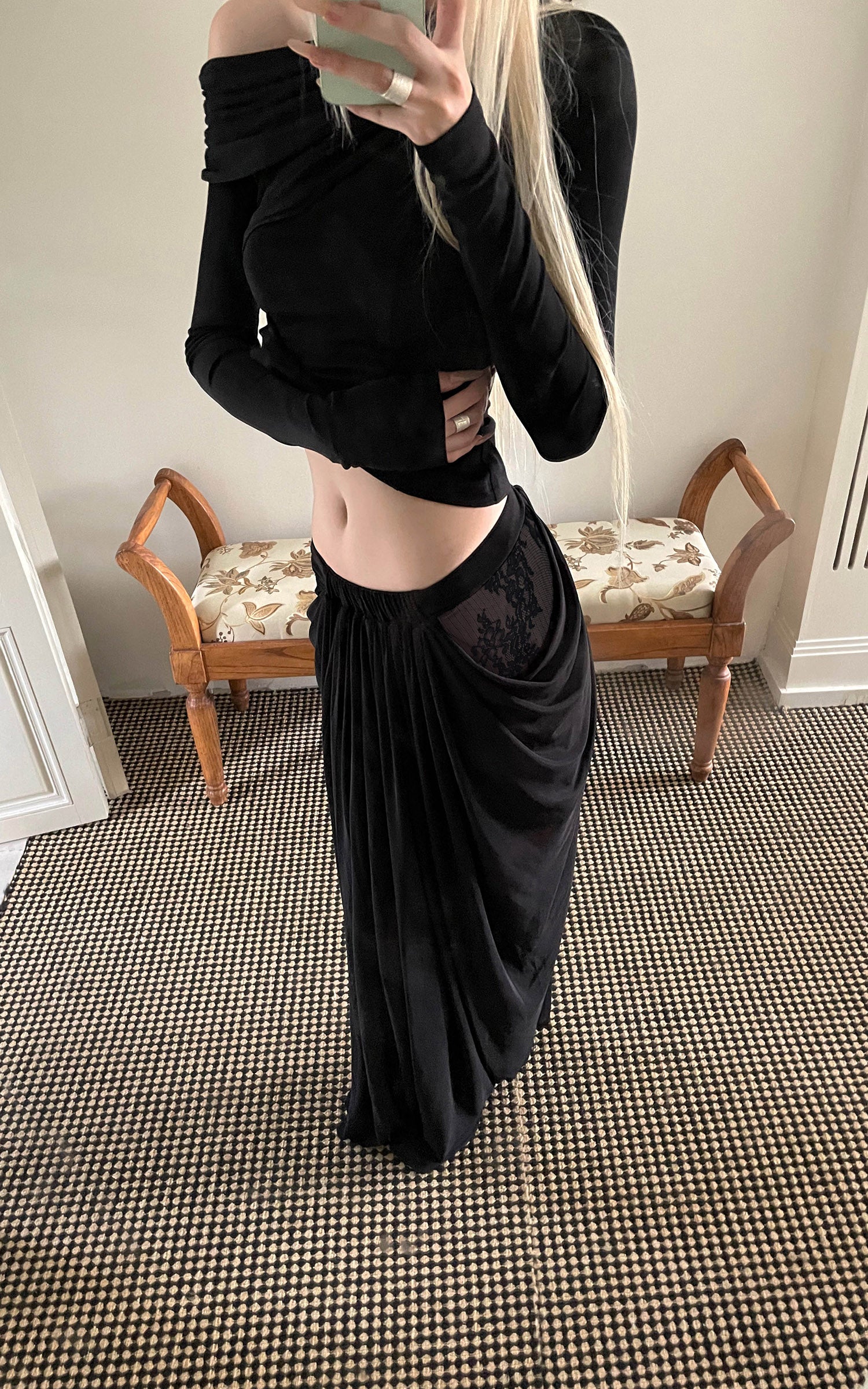 Rase le sol Draped Sheer Mesh Skirt with Lace Panels