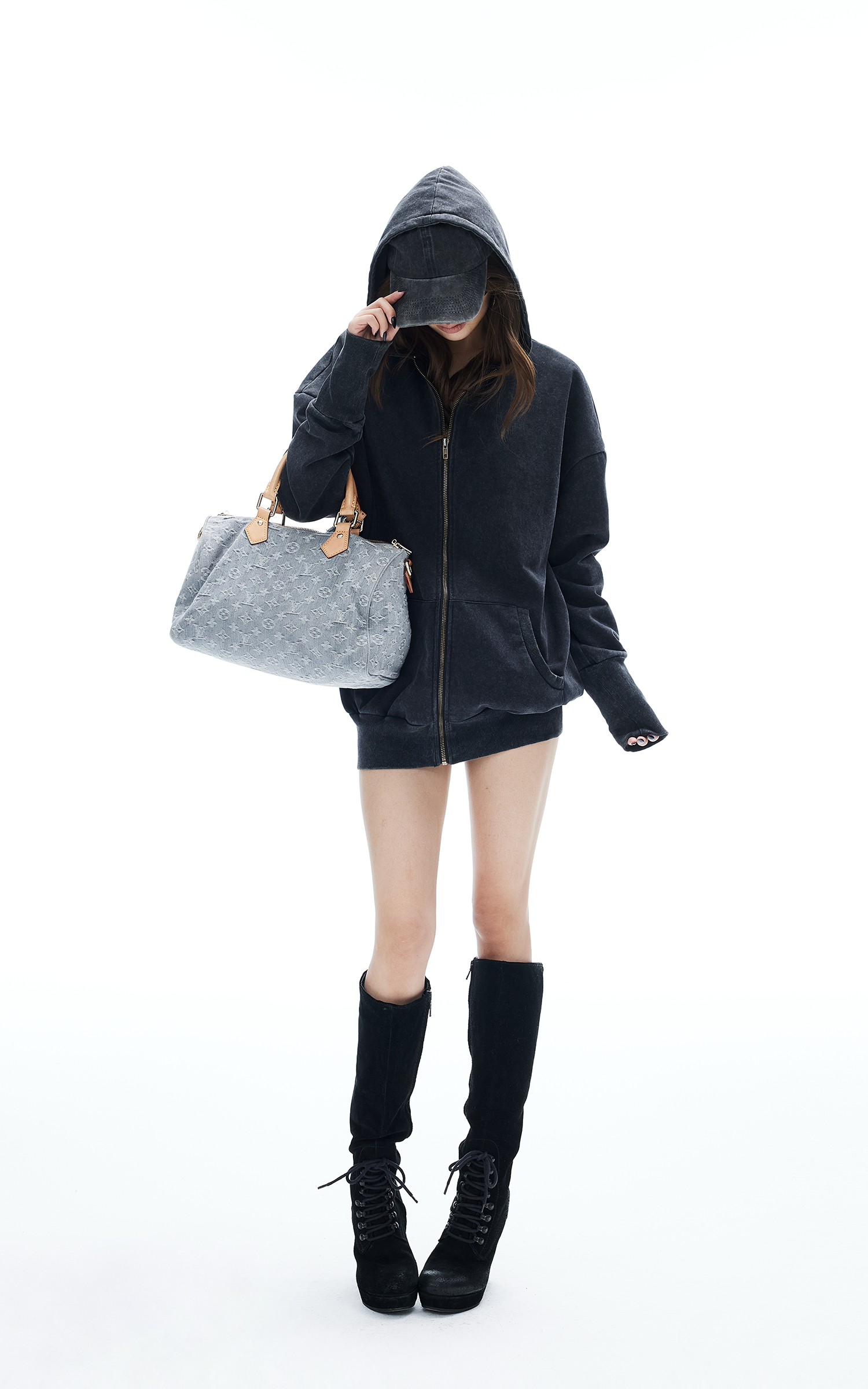 IAMXIAA Washed Zip Up Hoodie Jacket with Oversized Fit