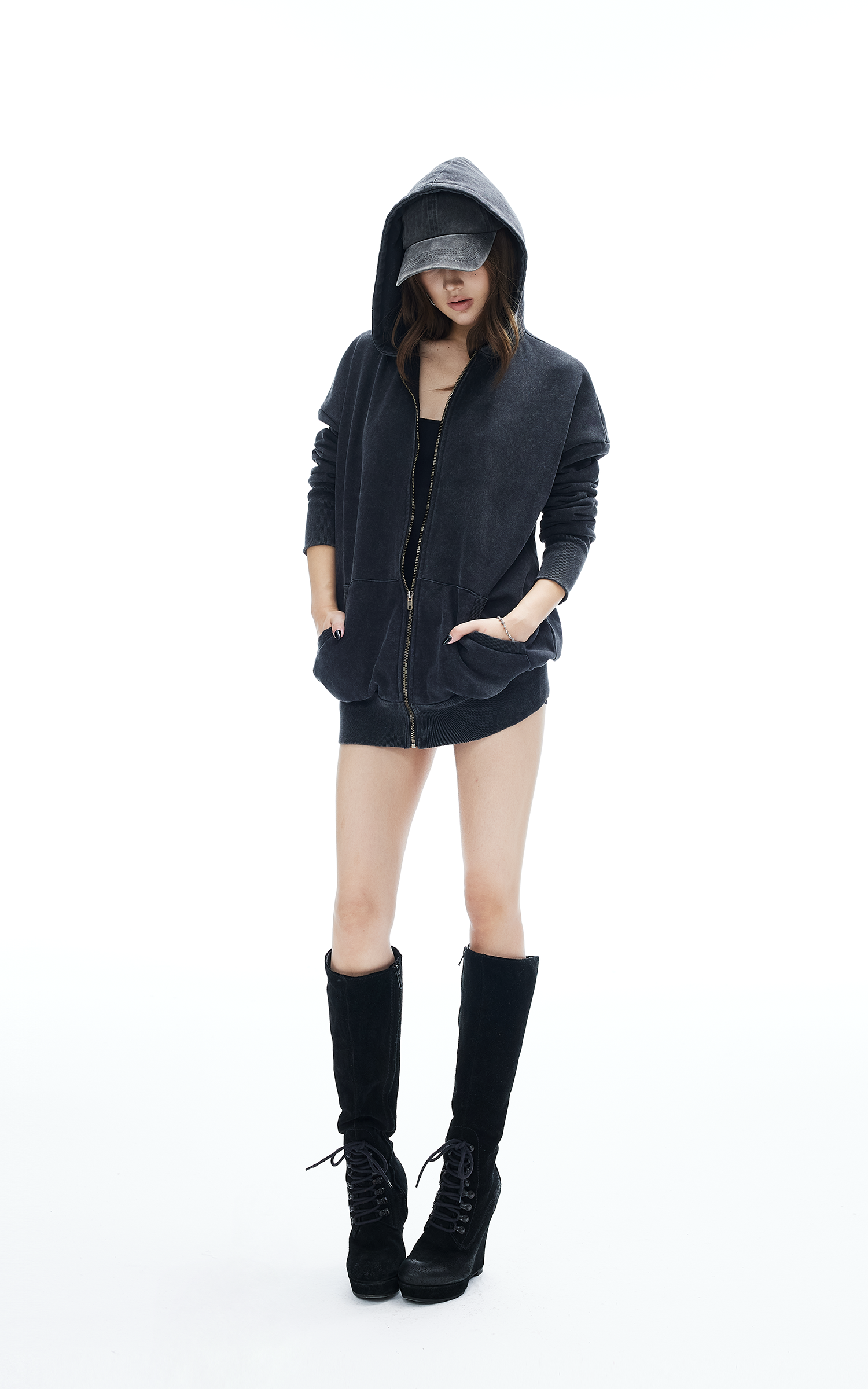 IAMXIAA Washed Zip Up Hoodie Jacket with Oversized Fit