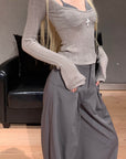 Rase le sol Grey Knit Sheer Long Sleeve Top with Minimalist Bra Layered Set