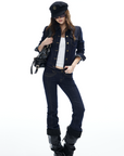 IAMXIAA Denim Jacket and Flared Jeans Set for Women Retro Dark Wash Two Piece Outfit