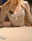 Rase le sol Grey Knit Sheer Long Sleeve Top with Minimalist Bra Layered Set