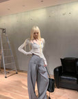 Rase le sol Grey Knit Sheer Long Sleeve Top with Minimalist Bra Layered Set