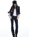 IAMXIAA Denim Jacket and Flared Jeans Set for Women Retro Dark Wash Two Piece Outfit