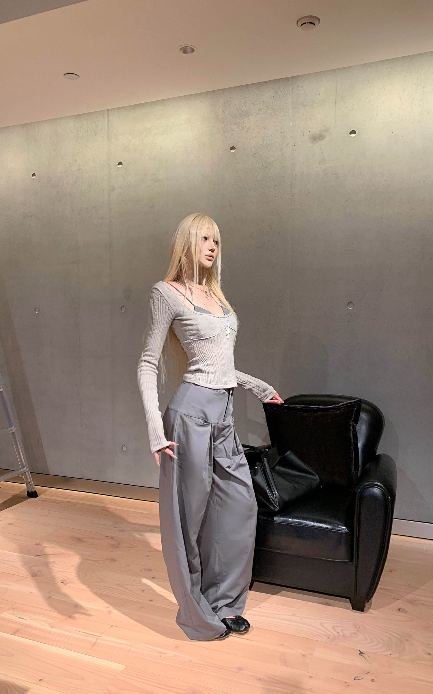 Rase le sol Grey Knit Sheer Long Sleeve Top with Minimalist Bra Layered Set