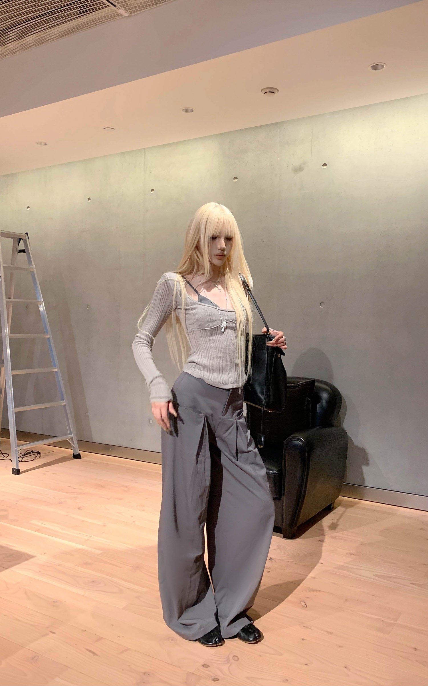 Rase le sol Pantalon large plissé taille haute