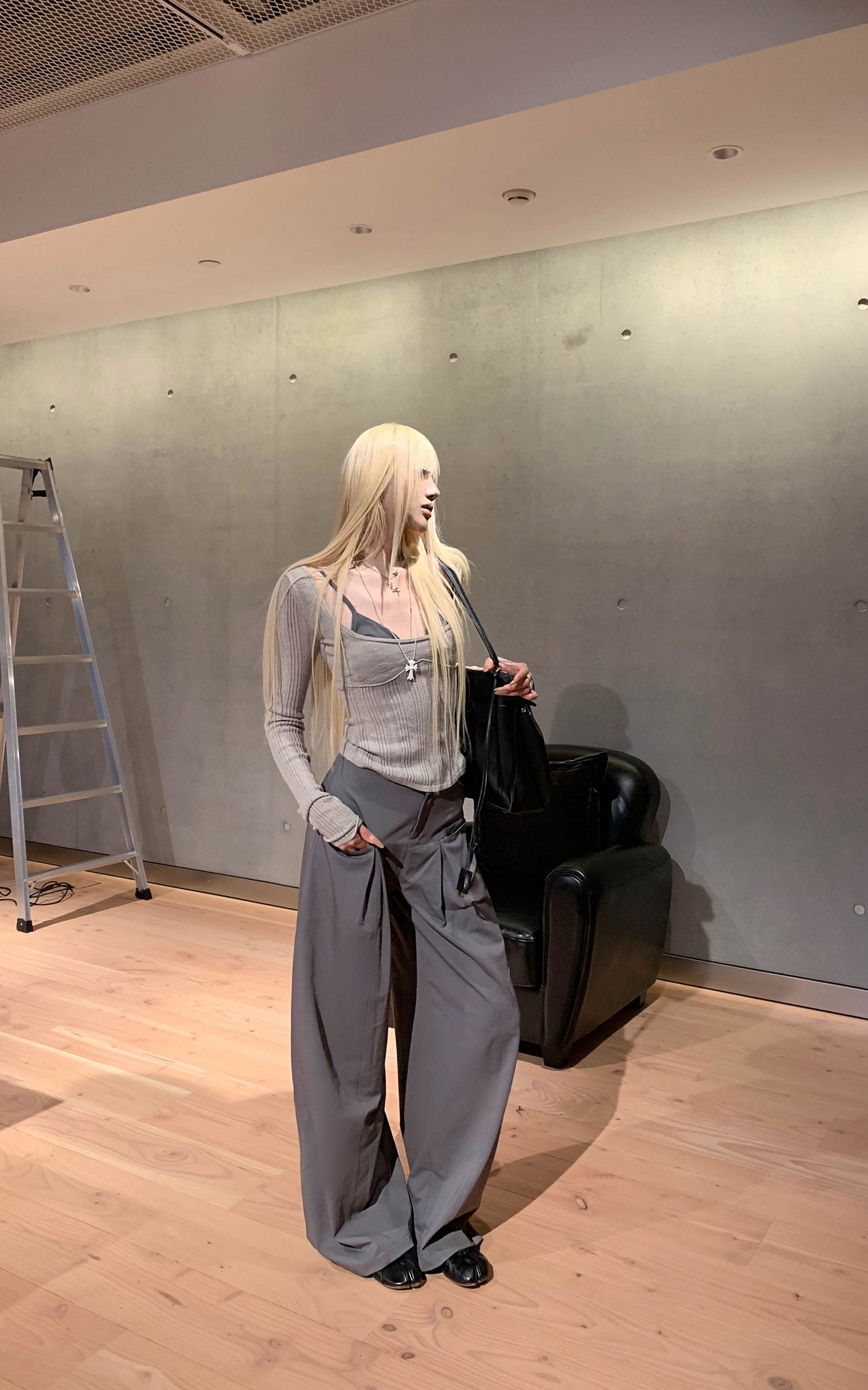 Rase le sol Grey Knit Sheer Long Sleeve Top with Minimalist Bra Layered Set