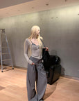 Rase le sol Grey Knit Sheer Long Sleeve Top with Minimalist Bra Layered Set