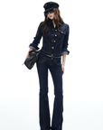 IAMXIAA Denim Jacket and Flared Jeans Set for Women Retro Dark Wash Two Piece Outfit