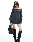 IAMXIAA Off-Shoulder Knit Sweater Charcoal Grey Pullover