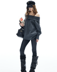 IAMXIAA Off-Shoulder Knit Sweater Charcoal Grey Pullover