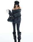 IAMXIAA Off-Shoulder Knit Sweater Charcoal Grey Pullover