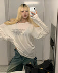 Rase le sol Semi-Sheer Long Sleeve Tee with Quote Print + Minimal Triangle Bra Set