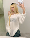 Rase le sol Semi-Sheer Long Sleeve Tee with Quote Print + Minimal Triangle Bra Set