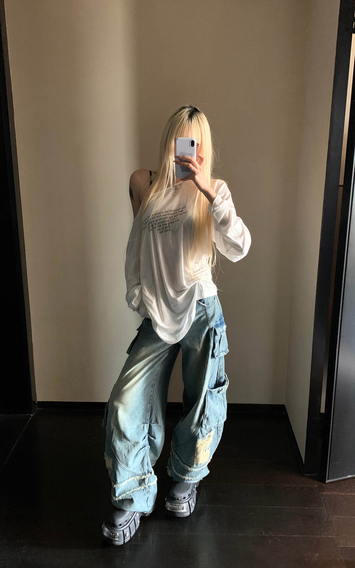 Rase le sol Semi-Sheer Long Sleeve Tee with Quote Print + Minimal Triangle Bra Set