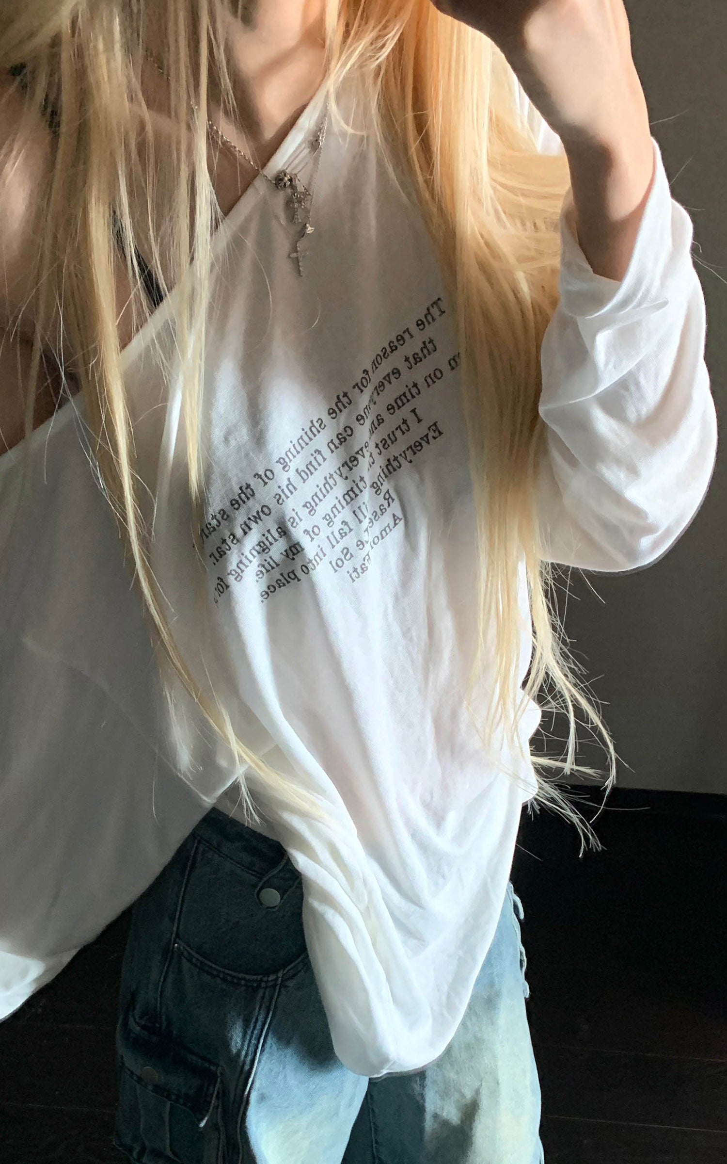 Rase le sol Semi-Sheer Long Sleeve Tee with Quote Print + Minimal Triangle Bra Set
