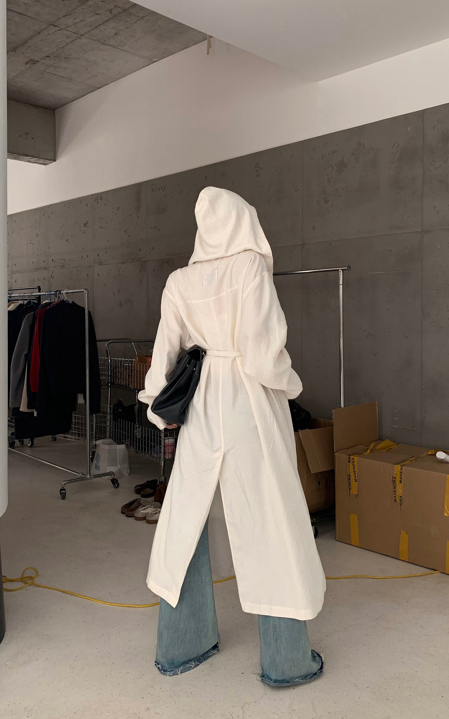 Rase le sol Hooded Long Coat with Adjustable Waist Belt