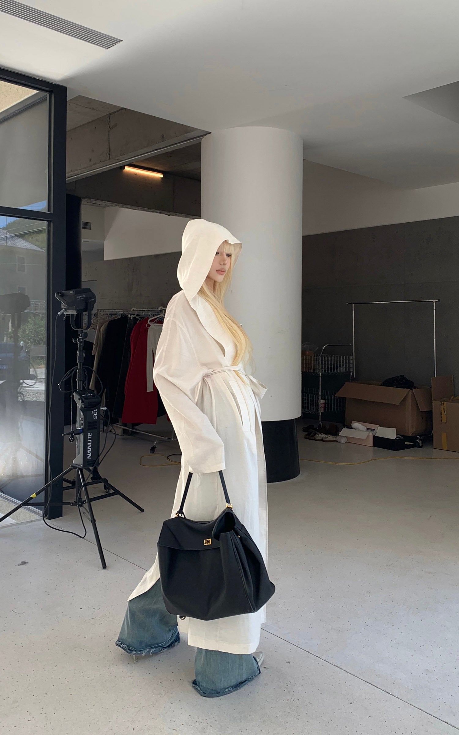 Rase le sol Hooded Long Coat with Adjustable Waist Belt