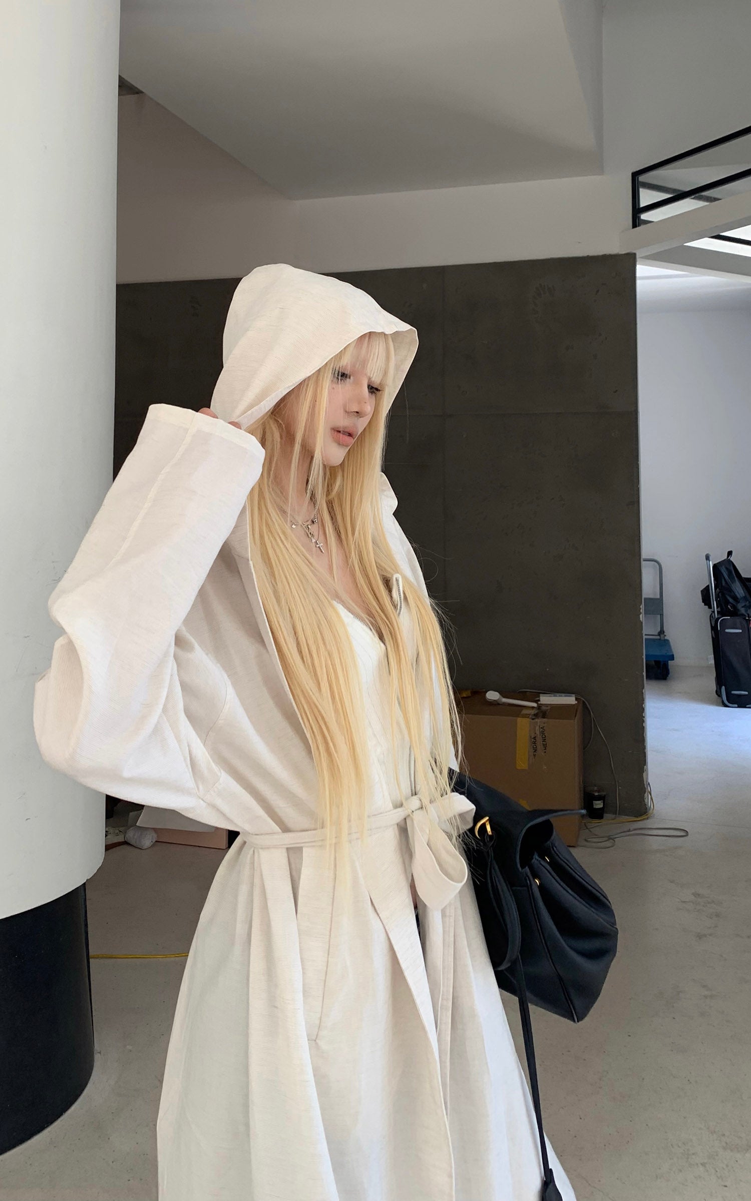 Rase le sol Hooded Long Coat with Adjustable Waist Belt