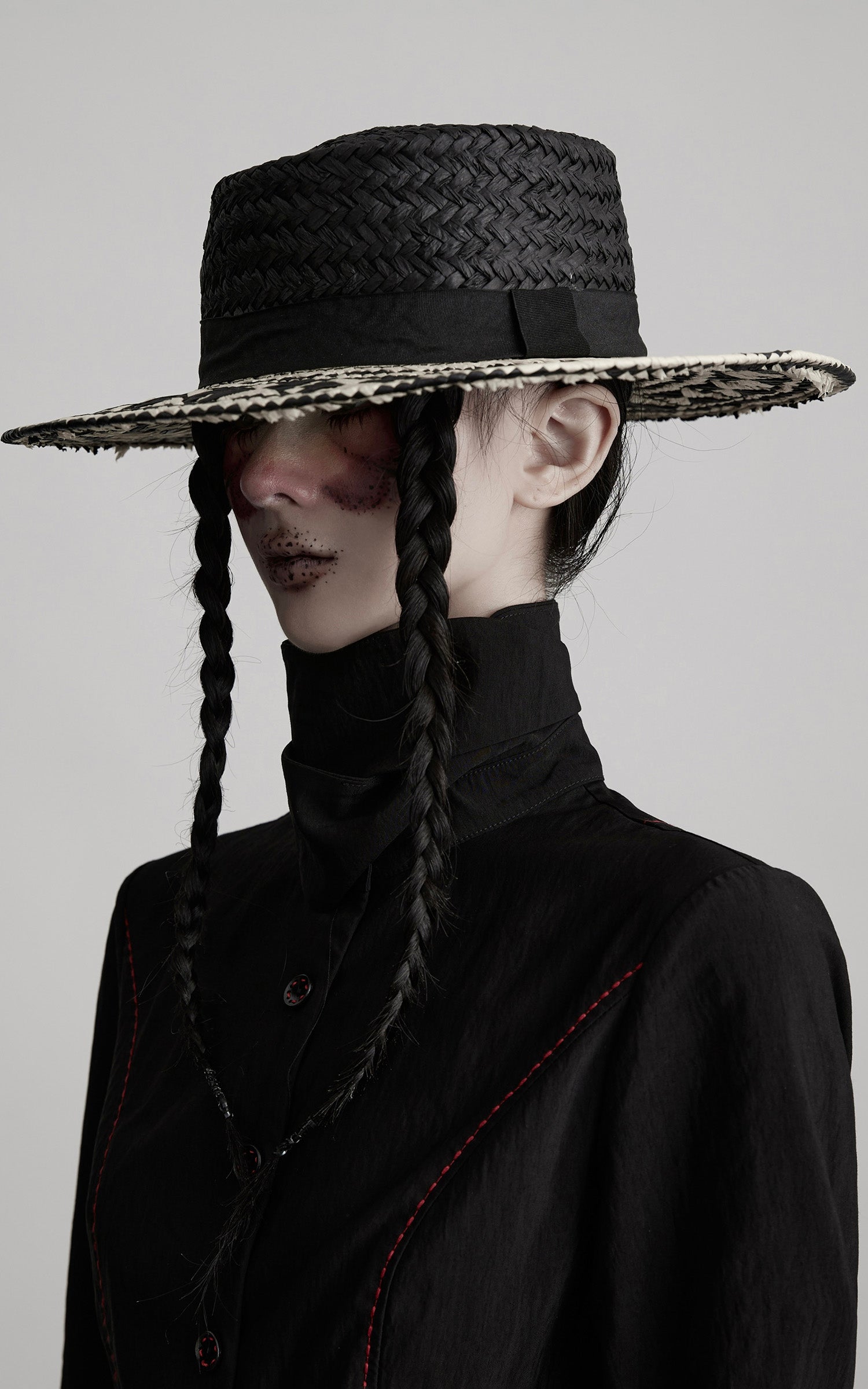 DOINDULGE Asymmetric Hem Shirt with Red Stitch Detail