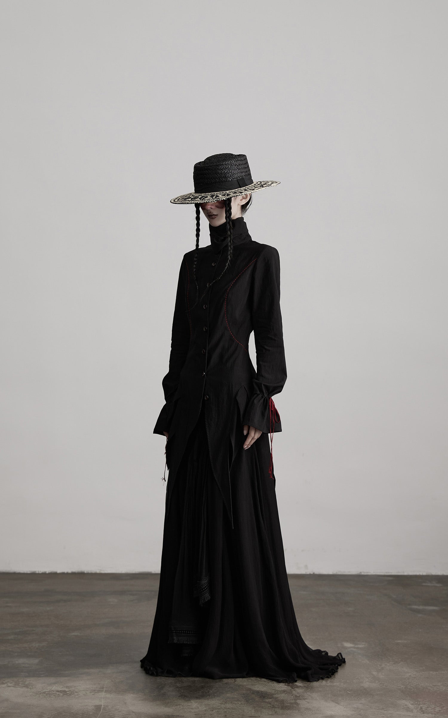 DOINDULGE Asymmetric Hem Shirt with Red Stitch Detail
