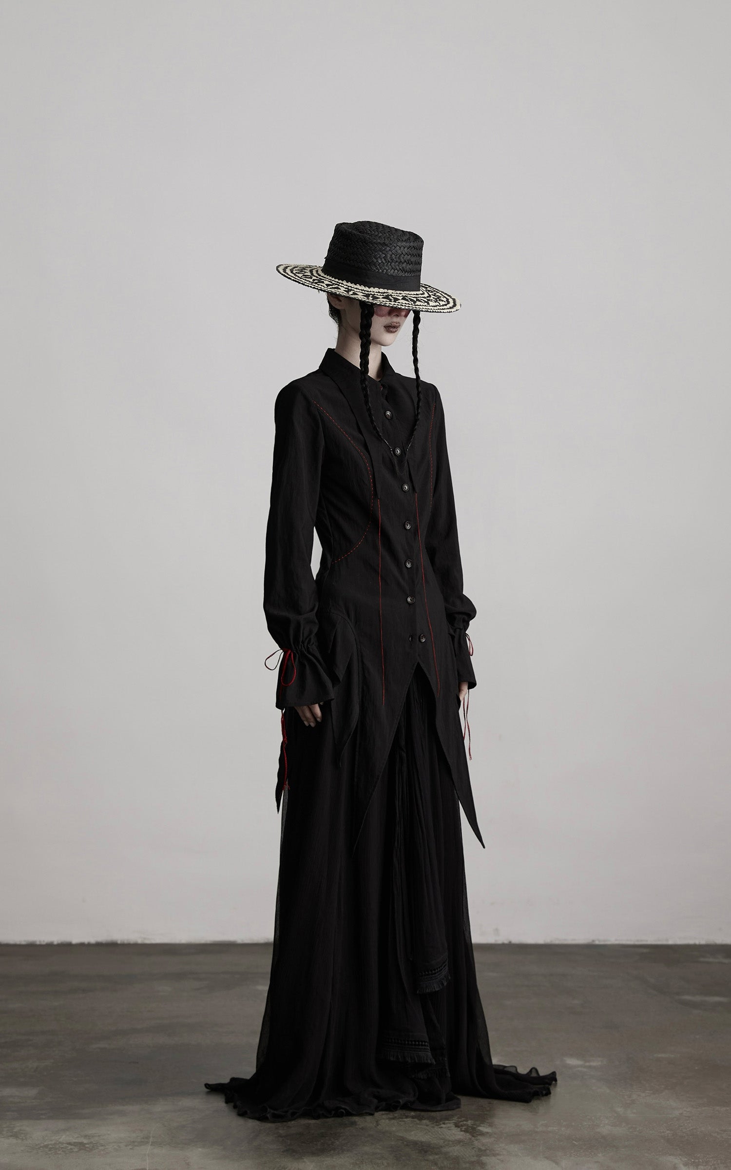 DOINDULGE Asymmetric Hem Shirt with Red Stitch Detail