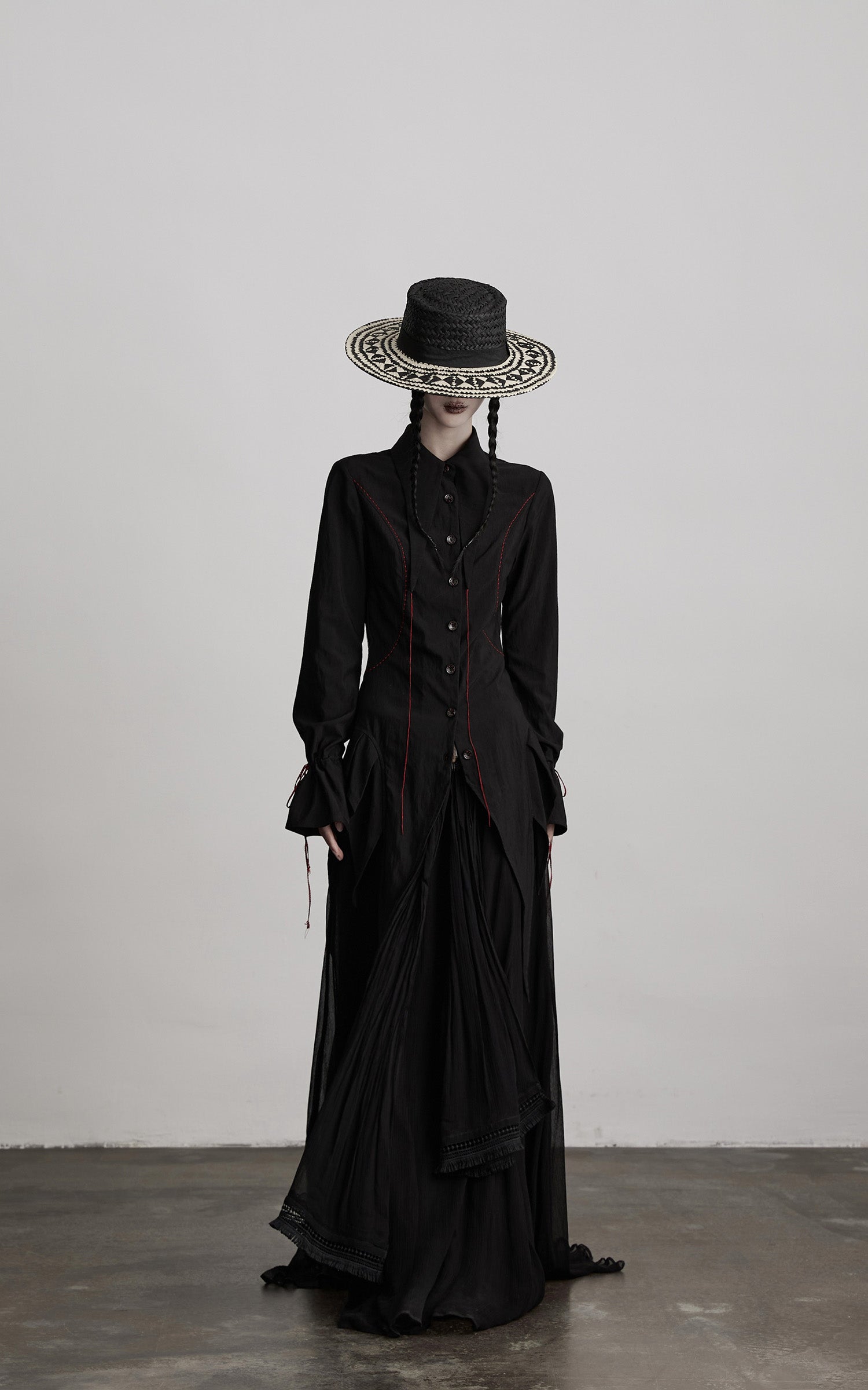 DOINDULGE Asymmetric Hem Shirt with Red Stitch Detail