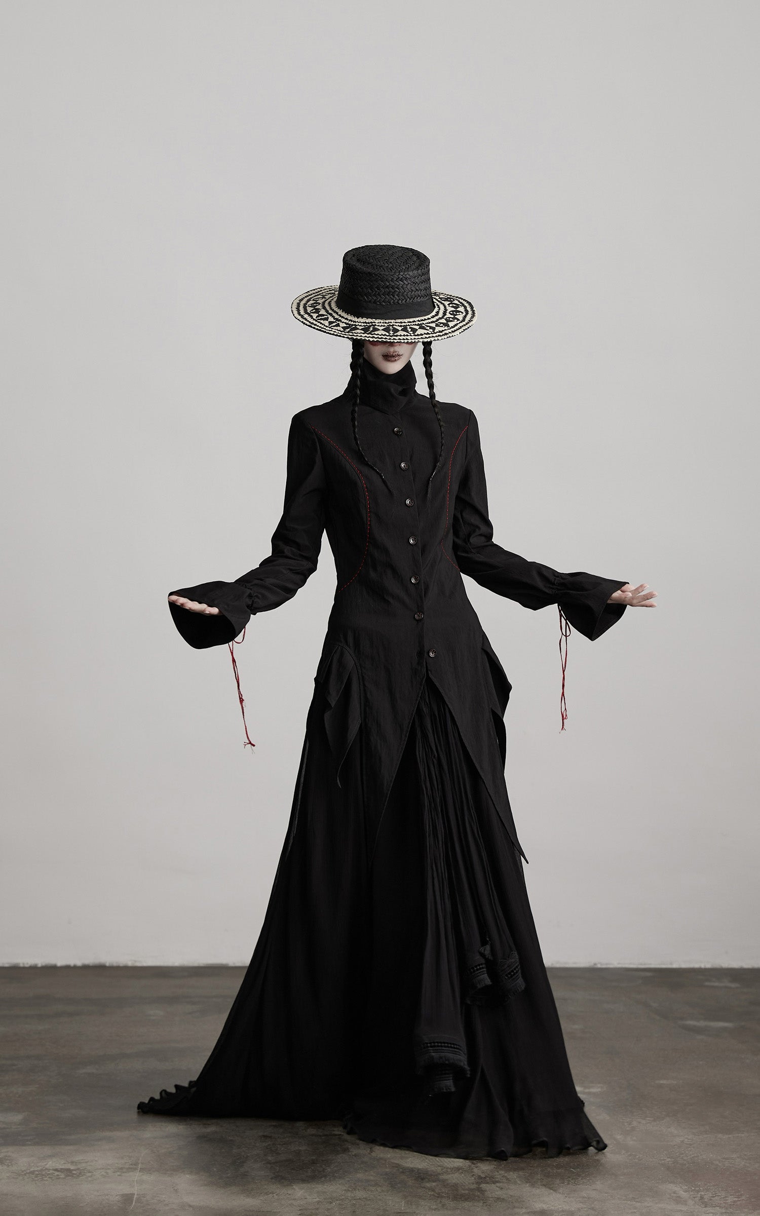DOINDULGE Asymmetric Hem Shirt with Red Stitch Detail