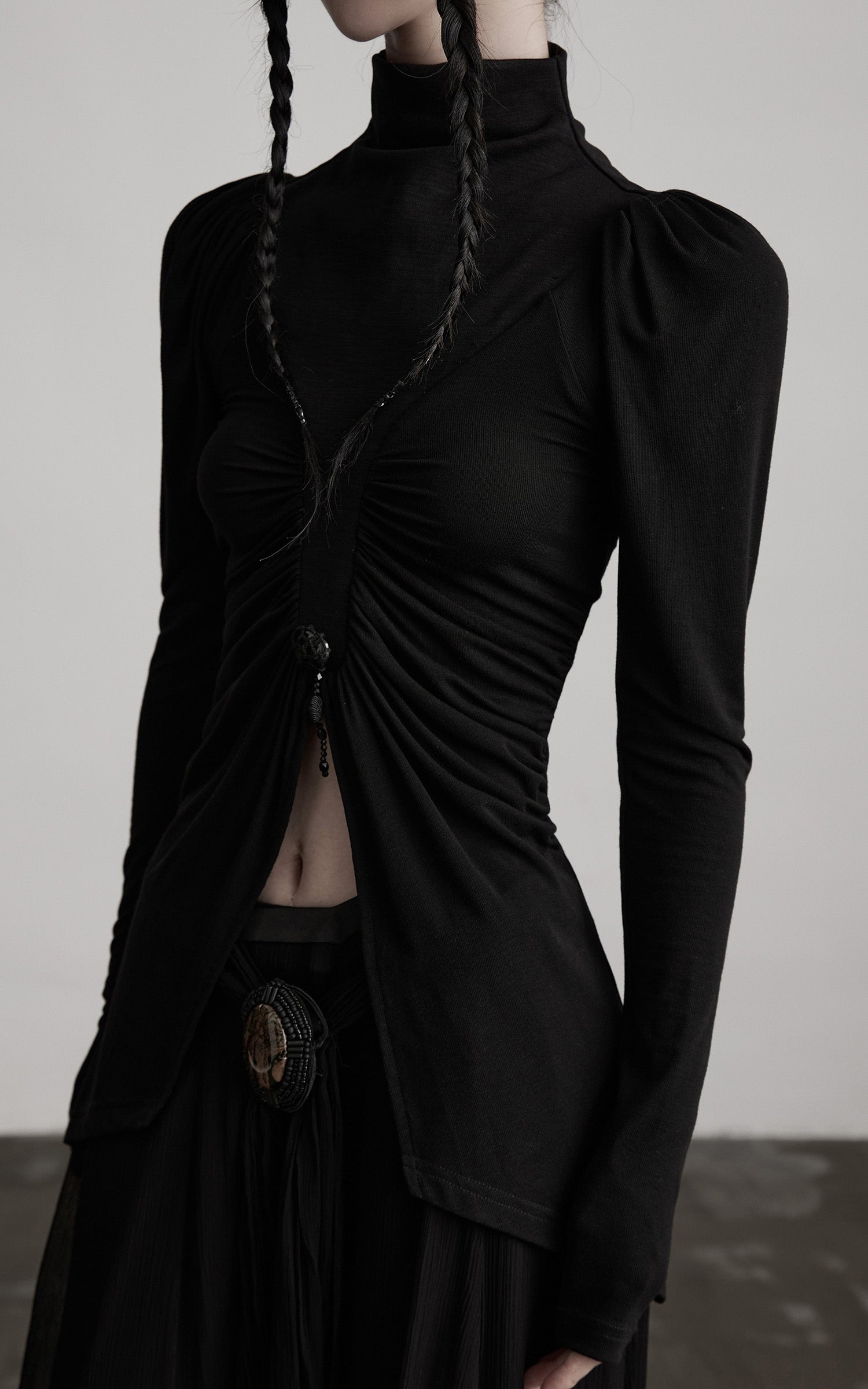 DOINDULGE High Neck Ruched Long Sleeve Top with Draped Front Detail
