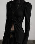 DOINDULGE High Neck Ruched Long Sleeve Top with Draped Front Detail