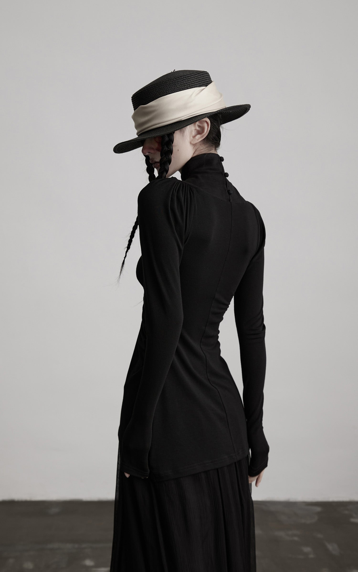 DOINDULGE High Neck Ruched Long Sleeve Top with Draped Front Detail