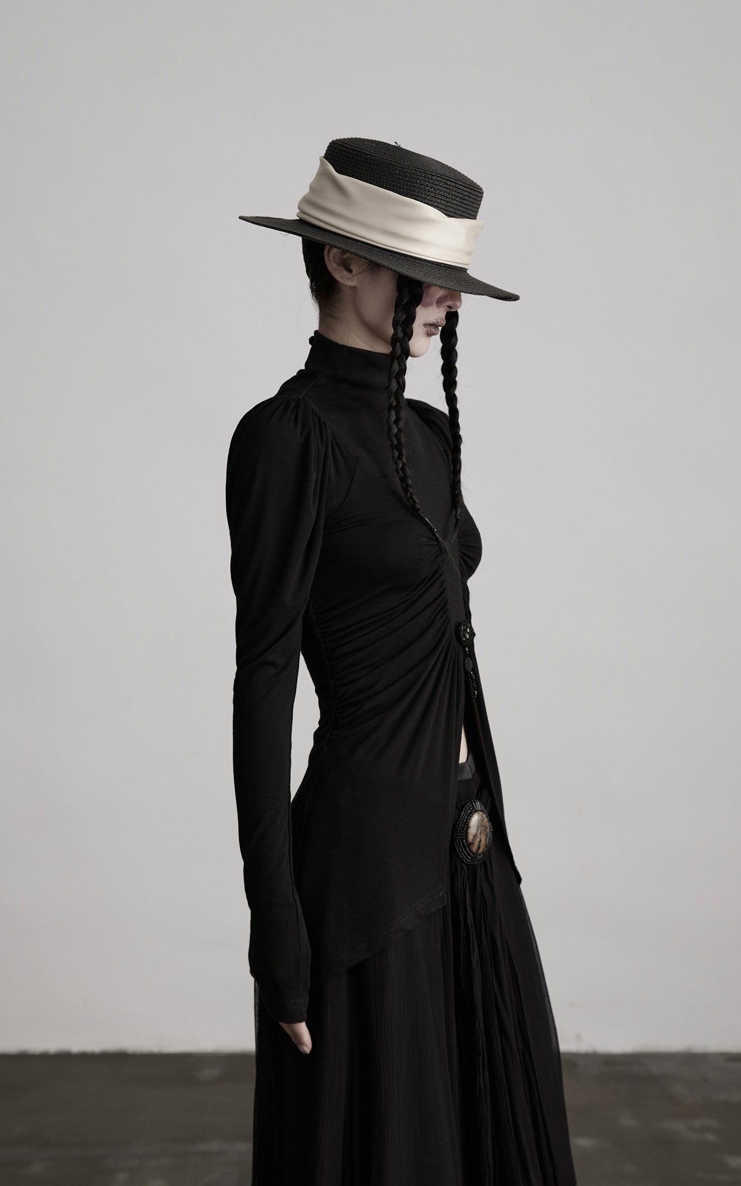 DOINDULGE High Neck Ruched Long Sleeve Top with Draped Front Detail