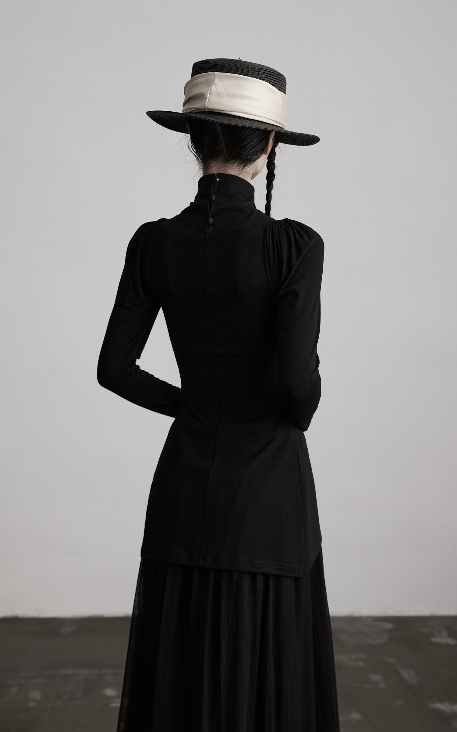 DOINDULGE High Neck Ruched Long Sleeve Top with Draped Front Detail