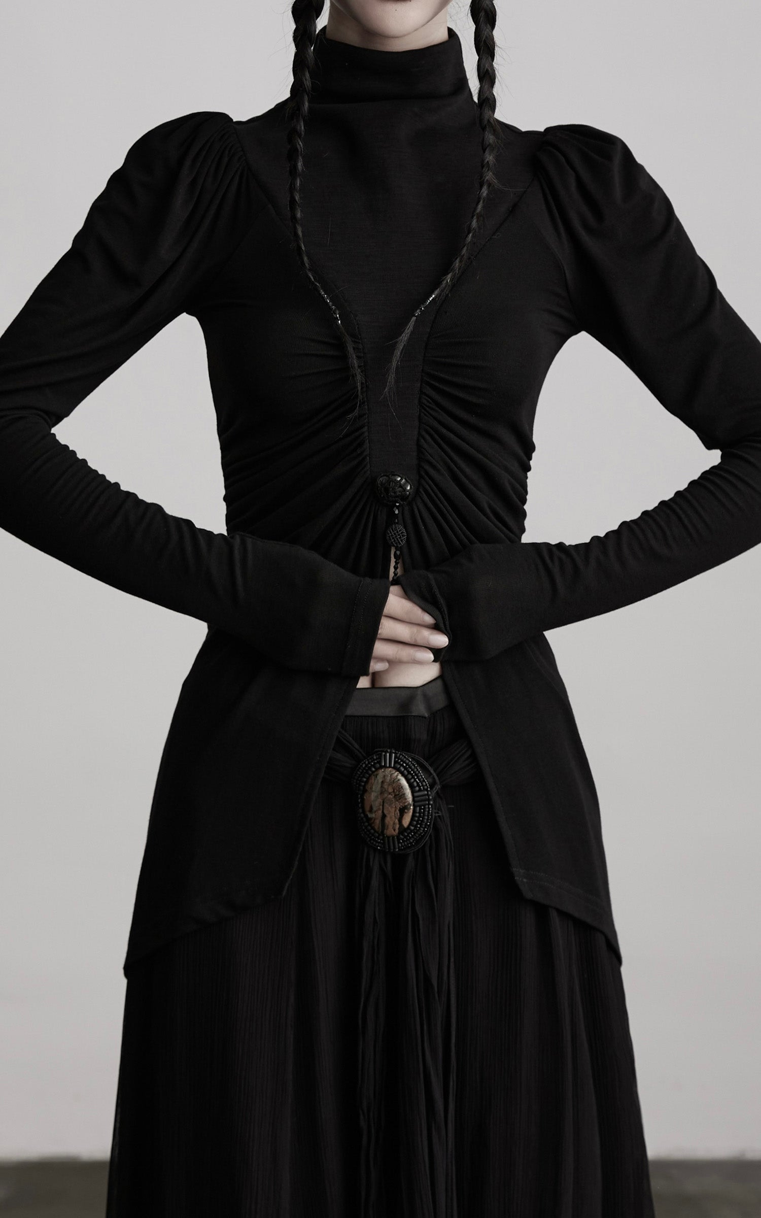 DOINDULGE High Neck Ruched Long Sleeve Top with Draped Front Detail
