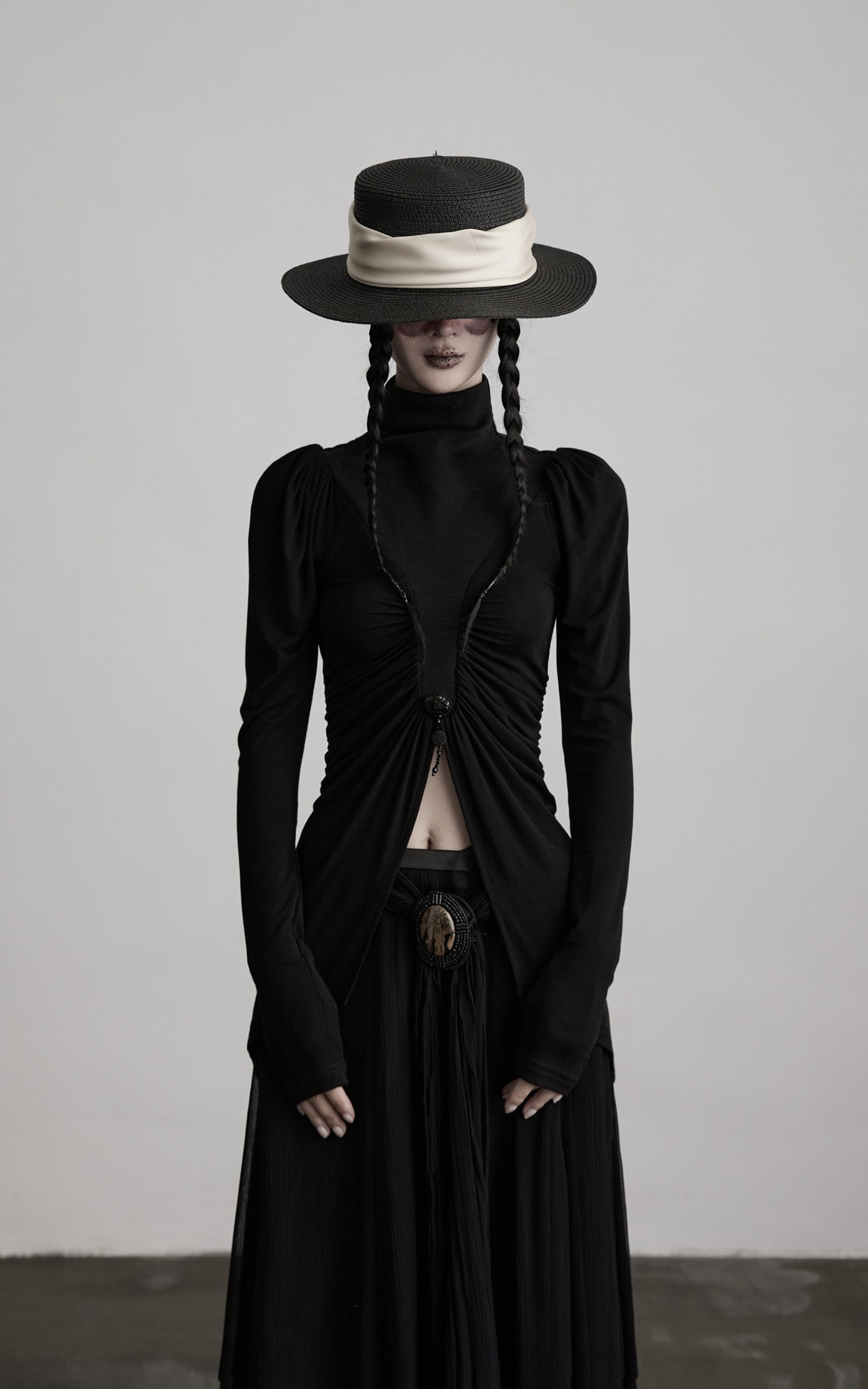DOINDULGE High Neck Ruched Long Sleeve Top with Draped Front Detail