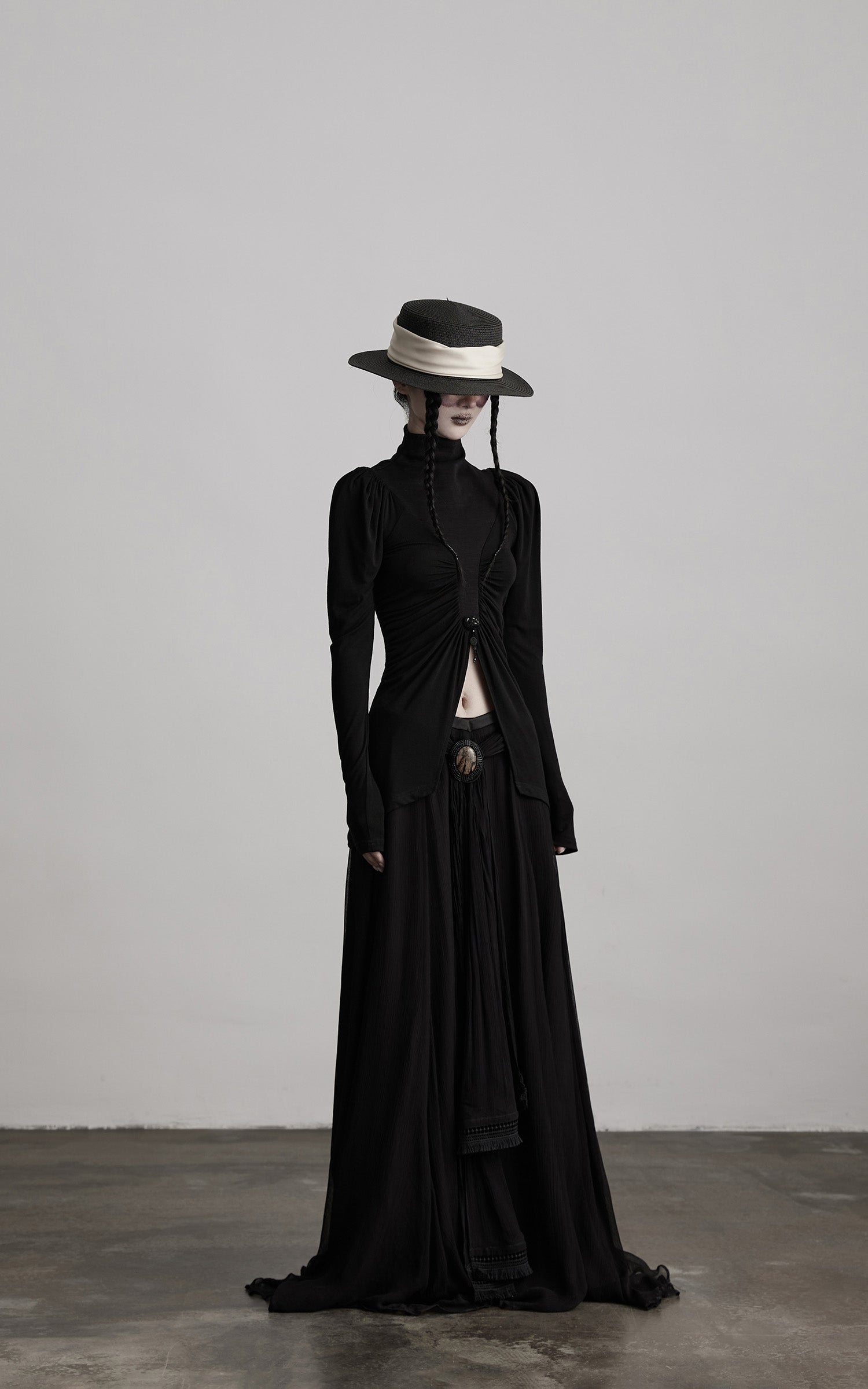 DOINDULGE High Neck Ruched Long Sleeve Top with Draped Front Detail