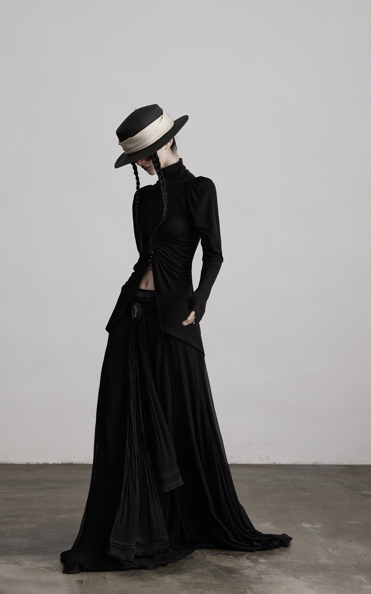 DOINDULGE High Neck Ruched Long Sleeve Top with Draped Front Detail