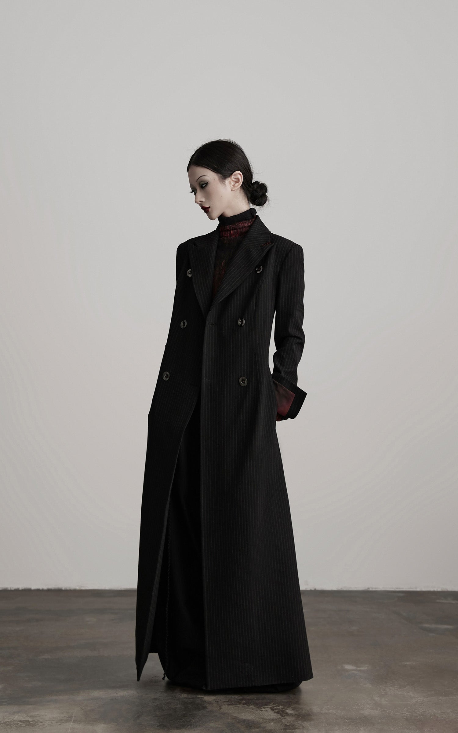 DOINDULGE Double Breasted Long Coat with Pinstripe and Contrast Lining