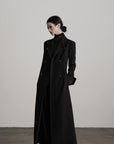DOINDULGE Double Breasted Long Coat with Pinstripe and Contrast Lining