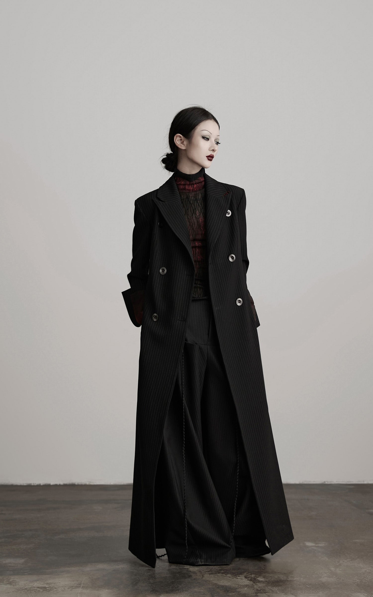 DOINDULGE Double Breasted Long Coat with Pinstripe and Contrast Lining